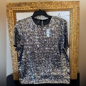 NWT Express Silver Sequin Short Sleeve Top
